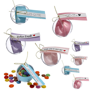 8/24x Geschenkkugel Banderole Aufdruck Set Ø6cm/ 20x2,5cm Kunststoff transparent Kugel Weihnachtsgeschenk Gutscheinkugel