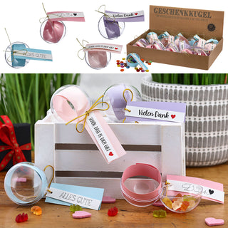 8/24x Geschenkkugel Banderole Aufdruck Set Ø6cm/ 20x2,5cm Kunststoff transparent Kugel Weihnachtsgeschenk Gutscheinkugel