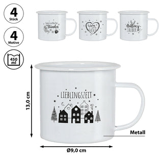 Kaffeebecher 4er Set 'Winter' 13x9cm Metall Winter-Motive Becher Tasse 450 ml Teetasse Henkelbecher