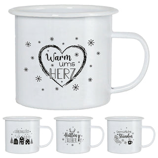 Kaffeebecher 4er Set 'Winter' 13x9cm Metall Winter-Motive Becher Tasse 450 ml Teetasse Henkelbecher