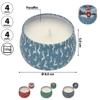 Duftkerze in Dose 4er Set Paraffin Metall 8x5cm 125g Weihnachtsmotive Weihnachtskerzen Kerze Duft Metalldose