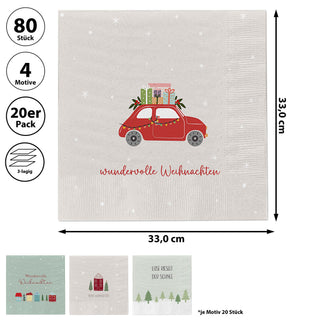 Servietten 'Xmas' 80er Set 2lagig mehrfarbig 33x33cm Papierserviette 4 Weihnachtsmotive stoffähnlich Tuch