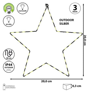 2/3x LED Stern Set weiß/silber 20/30/40 LEDs Ø:20/30/40cm Eisen Kunststoff batteriebetrieben Weihnachtsstern zum Aufhängen Leuchtstern Gartendekoration