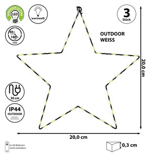 2/3x LED Stern Set weiß/silber 20/30/40 LEDs Ø:20/30/40cm Eisen Kunststoff batteriebetrieben Weihnachtsstern zum Aufhängen Leuchtstern Gartendekoration