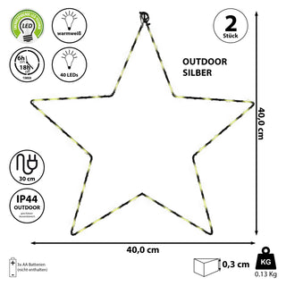 2/3x LED Stern Set weiß/silber 20/30/40 LEDs Ø:20/30/40cm Eisen Kunststoff batteriebetrieben Weihnachtsstern zum Aufhängen Leuchtstern Gartendekoration