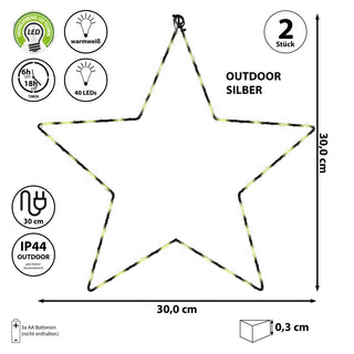2/3x LED Stern Set weiß/silber 20/30/40 LEDs Ø:20/30/40cm Eisen Kunststoff batteriebetrieben Weihnachtsstern zum Aufhängen Leuchtstern Gartendekoration