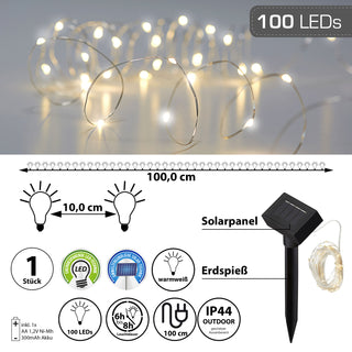 LED Solar Lichterkette 1000cm 100 LEDs warmweiß Kupferdraht IP44 100cm Zuleitung Timerfunktion Solarpanel Weihnachtsbeleuchtung Leuchtdraht