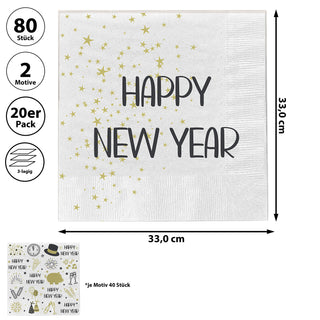 Servietten 80er Set Silvester 3lagige Papierserviette 33x33cm stoffähnlich Tuch Partydeko Happy New Year