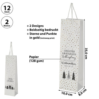 Flaschentüte weiße Weihnachten 2 Motive 12er Set 10x35x8cm Papier weiß Weihnachtstüte Geschenkverpackung Tüte Flaschentasche