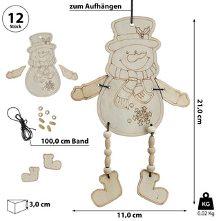 DIY 3D Bastelset Schneemann 12er Set inkl. 100cm Band 11x21x0,1cm MDF 3D-Schneemann beweglich zum Aufhängen