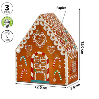 LED Lebkuchenhaus 3er Set 12x15x7cm Plastik Papier warmweiße LED An-/Ausschalter Weihnachtsdekoration Beleuchtung