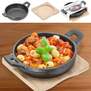 Servierpfanne 2er Set rund 12,5x5,5x16,5cm Eisen Bambus Pfanne Bambusbrett Tischgeschirr Servierpfännchen zwei Griffe