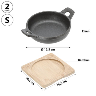 Servierpfanne 2er Set rund 12,5x5,5x16,5cm Eisen Bambus Pfanne Bambusbrett Tischgeschirr Servierpfännchen zwei Griffe