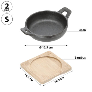 Servierpfanne 2er Set rund 12,5x5,5x16,5cm Eisen Bambus Pfanne Bambusbrett Tischgeschirr Servierpfännchen zwei Griffe