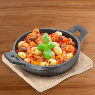 Servierpfanne 2er Set rund 12,5x5,5x16,5cm Eisen Bambus Pfanne Bambusbrett Tischgeschirr Servierpfännchen zwei Griffe