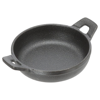 Servierpfanne 2er Set rund 12,5x5,5x16,5cm Eisen Bambus Pfanne Bambusbrett Tischgeschirr Servierpfännchen zwei Griffe