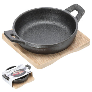 Servierpfanne 2er Set rund 12,5x5,5x16,5cm Eisen Bambus Pfanne Bambusbrett Tischgeschirr Servierpfännchen zwei Griffe