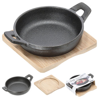 Servierpfanne 2er Set rund 12,5x5,5x16,5cm Eisen Bambus Pfanne Bambusbrett Tischgeschirr Servierpfännchen zwei Griffe