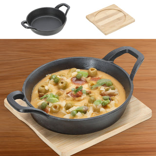 Servierpfanne 2er Set rund 15x6x22,5cm Eisen Bambus Pfanne Bambusbrett Tischgeschirr Servierpfännchen zwei Griffe