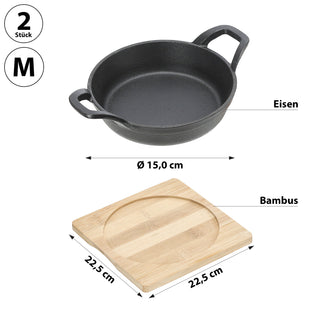 Servierpfanne 2er Set rund 15x6x22,5cm Eisen Bambus Pfanne Bambusbrett Tischgeschirr Servierpfännchen zwei Griffe