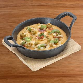 Servierpfanne 2er Set rund 15x6x22,5cm Eisen Bambus Pfanne Bambusbrett Tischgeschirr Servierpfännchen zwei Griffe