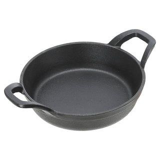 Servierpfanne 2er Set rund 15x6x22,5cm Eisen Bambus Pfanne Bambusbrett Tischgeschirr Servierpfännchen zwei Griffe