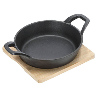 Servierpfanne 2er Set rund 15x6x22,5cm Eisen Bambus Pfanne Bambusbrett Tischgeschirr Servierpfännchen zwei Griffe