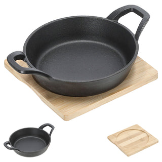 Servierpfanne 2er Set rund 15x6x22,5cm Eisen Bambus Pfanne Bambusbrett Tischgeschirr Servierpfännchen zwei Griffe