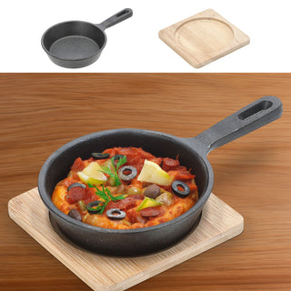 Servierpfanne 2er Set mit Stiel rund 21x5x12,5cm Eisen Bambus Pfanne Bambusbrett Tischgeschirr Servierpfännchen Stielpfanne