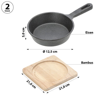 Servierpfanne 2er Set mit Stiel rund 21x5x12,5cm Eisen Bambus Pfanne Bambusbrett Tischgeschirr Servierpfännchen Stielpfanne