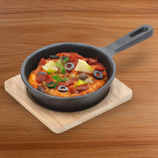 Servierpfanne 2er Set mit Stiel rund 21x5x12,5cm Eisen Bambus Pfanne Bambusbrett Tischgeschirr Servierpfännchen Stielpfanne