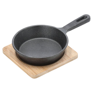 Servierpfanne 2er Set mit Stiel rund 21x5x12,5cm Eisen Bambus Pfanne Bambusbrett Tischgeschirr Servierpfännchen Stielpfanne