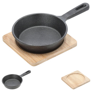 Servierpfanne 2er Set mit Stiel rund 21x5x12,5cm Eisen Bambus Pfanne Bambusbrett Tischgeschirr Servierpfännchen Stielpfanne