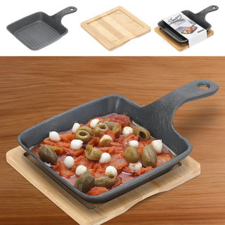 Servierpfanne 2er Set quadratisch mit Stiel 15x15x2,4cm Eisen Bambus Pfanne Bambusbrett Tischgeschirr Servierpfännchen