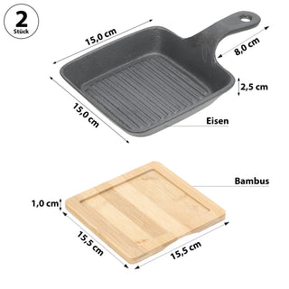Servierpfanne 2er Set quadratisch mit Stiel 15x15x2,4cm Eisen Bambus Pfanne Bambusbrett Tischgeschirr Servierpfännchen