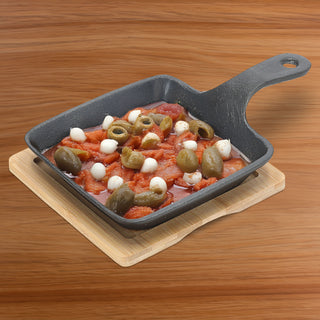 Servierpfanne 2er Set quadratisch mit Stiel 15x15x2,4cm Eisen Bambus Pfanne Bambusbrett Tischgeschirr Servierpfännchen