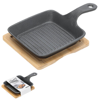 Servierpfanne 2er Set quadratisch mit Stiel 15x15x2,4cm Eisen Bambus Pfanne Bambusbrett Tischgeschirr Servierpfännchen