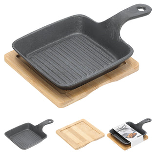 Servierpfanne 2er Set quadratisch mit Stiel 15x15x2,4cm Eisen Bambus Pfanne Bambusbrett Tischgeschirr Servierpfännchen