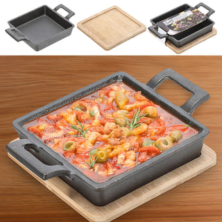 Servierpfanne 2er Set rechteckig 19x4,5x14cm Eisen Bambus Pfanne Bambusbrett Tischgeschirr Servierpfännchen zwei Griffe