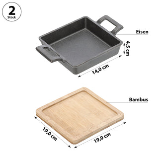 Servierpfanne 2er Set rechteckig 19x4,5x14cm Eisen Bambus Pfanne Bambusbrett Tischgeschirr Servierpfännchen zwei Griffe