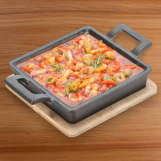 Servierpfanne 2er Set rechteckig 19x4,5x14cm Eisen Bambus Pfanne Bambusbrett Tischgeschirr Servierpfännchen zwei Griffe