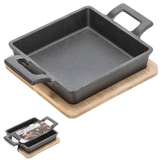 Servierpfanne 2er Set rechteckig 19x4,5x14cm Eisen Bambus Pfanne Bambusbrett Tischgeschirr Servierpfännchen zwei Griffe