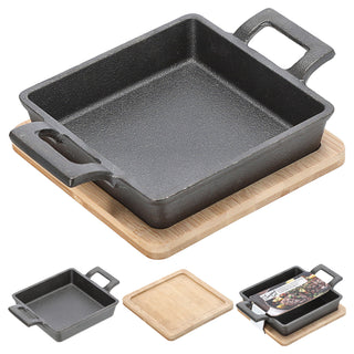 Servierpfanne 2er Set rechteckig 19x4,5x14cm Eisen Bambus Pfanne Bambusbrett Tischgeschirr Servierpfännchen zwei Griffe