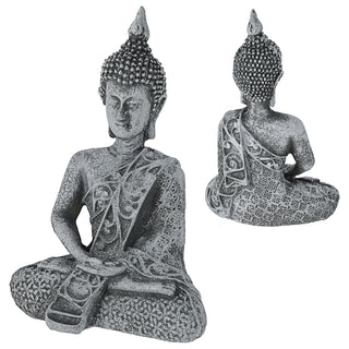 Buddha sitzend 7,5x12x4,5cm silber Polyresin Statue Skulptur Feng Shui Lotussitz Wohndeko Meditation