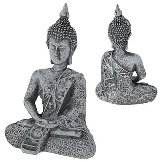 Buddha sitzend 7,5x12x4,5cm silber Polyresin Statue Skulptur Feng Shui Lotussitz Wohndeko Meditation