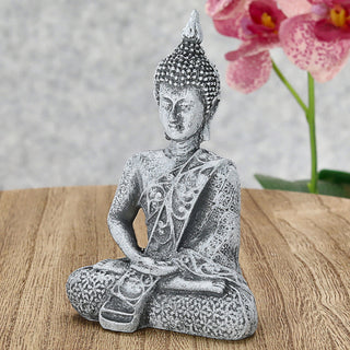 Buddha sitzend 7,5x12x4,5cm silber Polyresin Statue Skulptur Feng Shui Lotussitz Wohndeko Meditation
