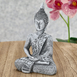 Buddha sitzend 7,5x12x4,5cm silber Polyresin Statue Skulptur Feng Shui Lotussitz Wohndeko Meditation