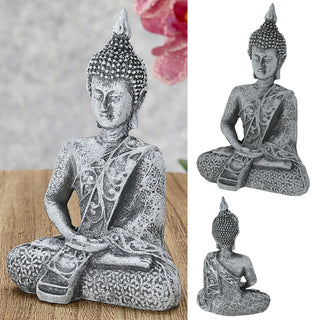 Buddha sitzend 7,5x12x4,5cm silber Polyresin Statue Skulptur Feng Shui Lotussitz Wohndeko Meditation