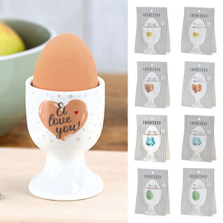 Eierbecher 4er Set 4 Motive Porzellan weiß 5x7cm weiß Halter für Eier Gute Laune Sprüche Eierhalter