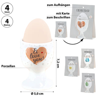 Eierbecher 4er Set 4 Motive Porzellan weiß 5x7cm weiß Halter für Eier Gute Laune Sprüche Eierhalter